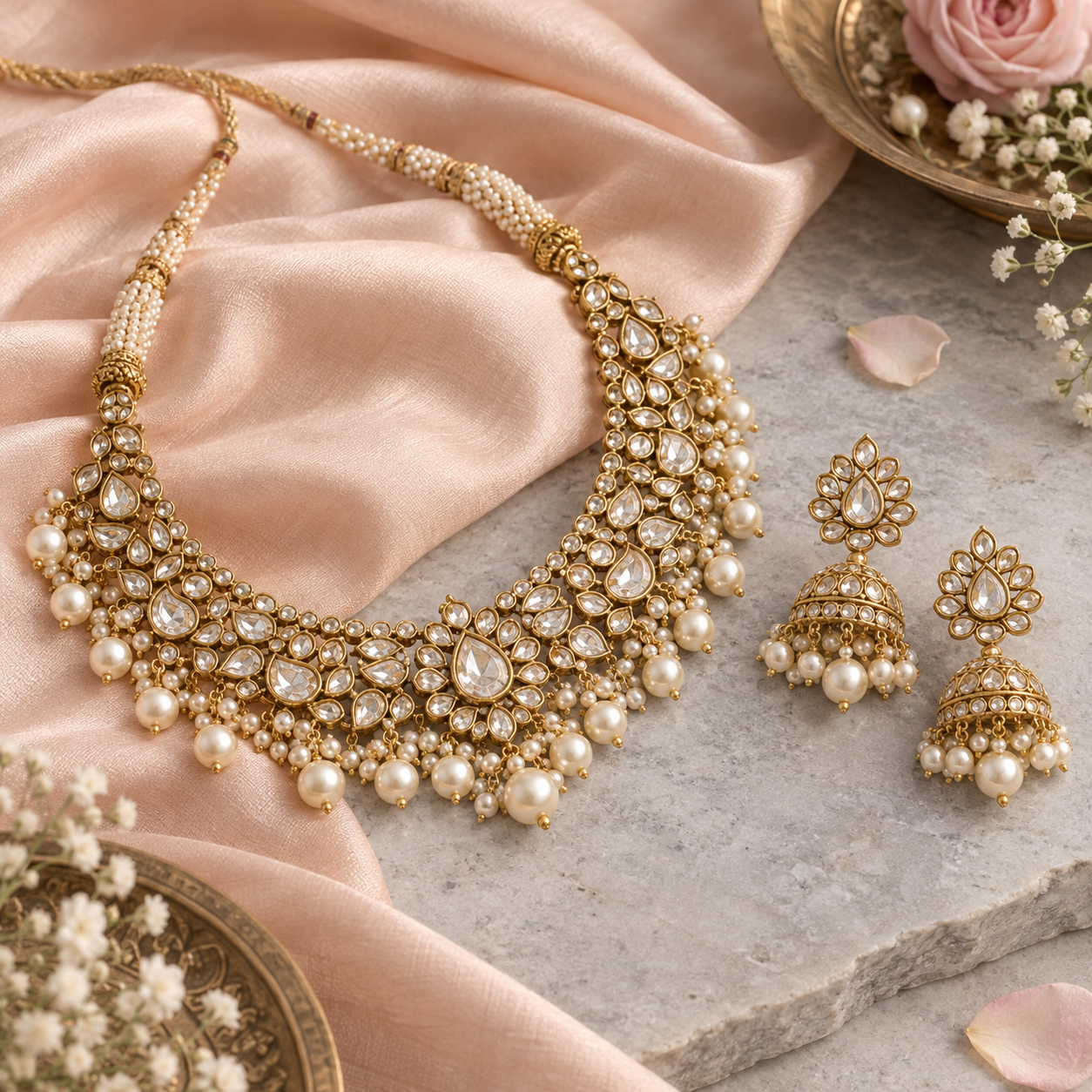 Gold necklace and earrings with pearls